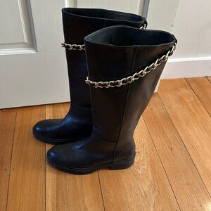 New Alohas Pier Black Leather Tall Boots Knee High Moto Gold Chain $350